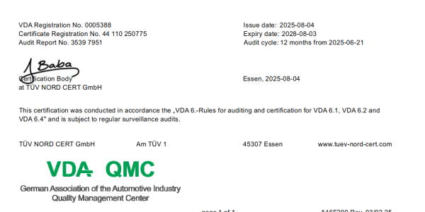 獲得VDA6.4證書(shū)