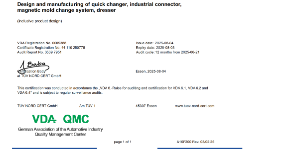 Successfully passed the VDA6.4 Quality Management System Certification Audit for the year 2025